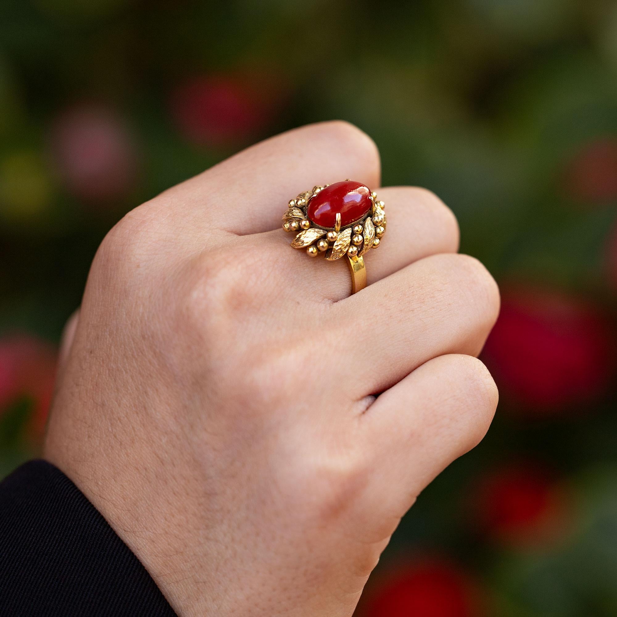 Vintage Ox Blood Coral 14k Gold Wreath Ring