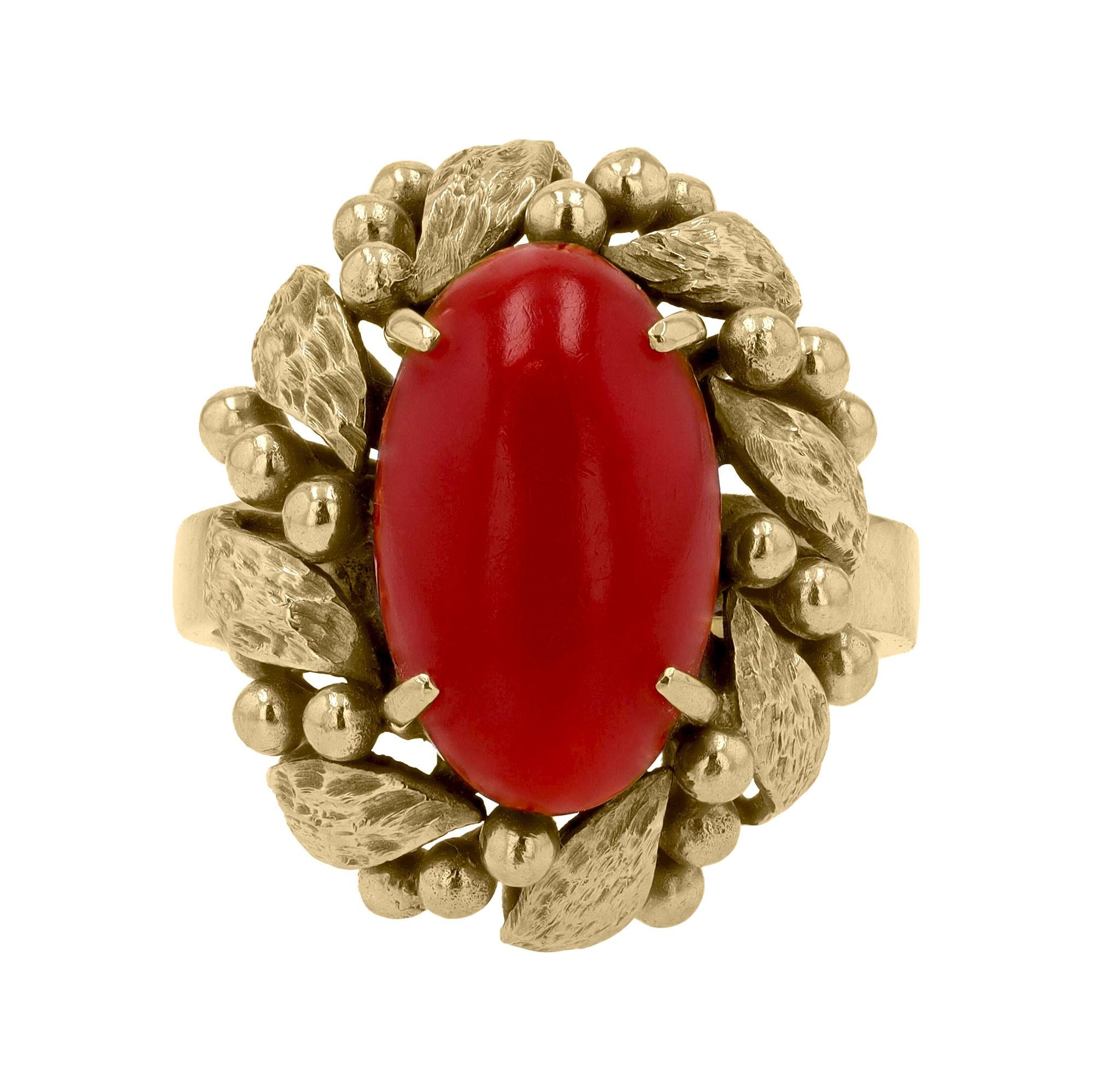 Vintage Ox Blood Coral 14k Gold Wreath Ring