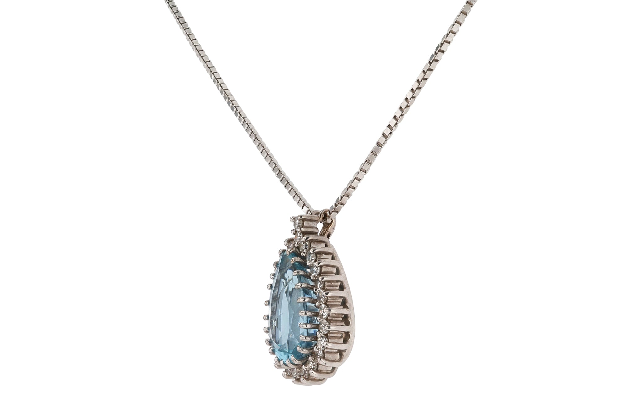 Vintage Pear Shape Aquamarine Diamond Halo Necklace