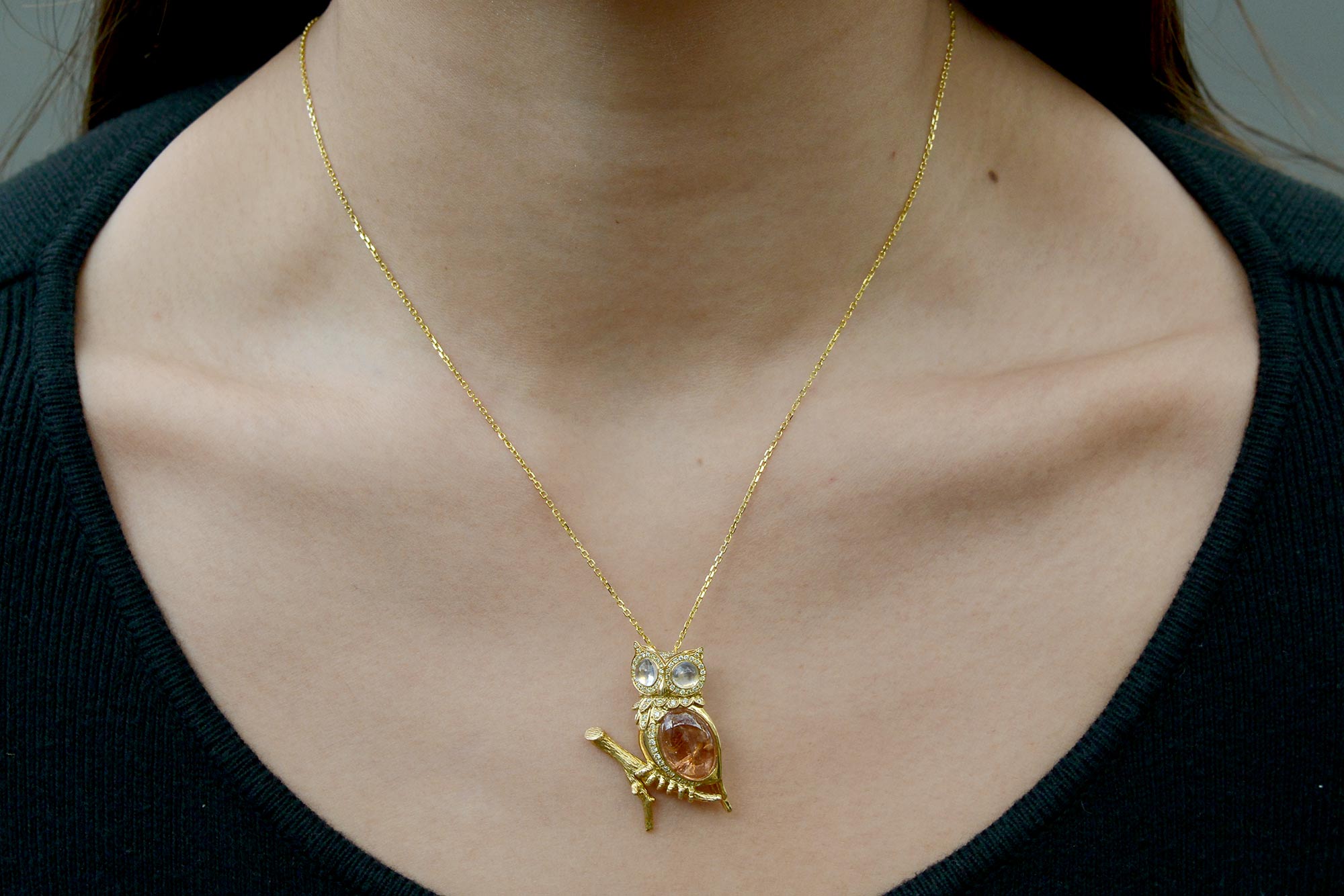 Vintage Tourmaline and Moonstone Owl Necklace