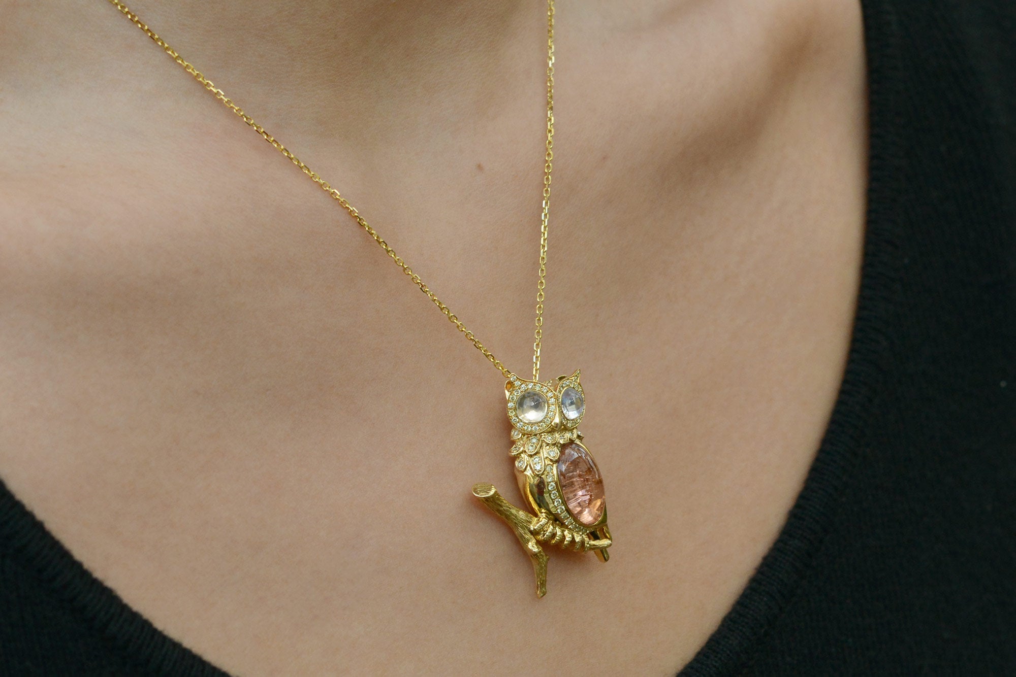 Vintage Tourmaline and Moonstone Owl Necklace