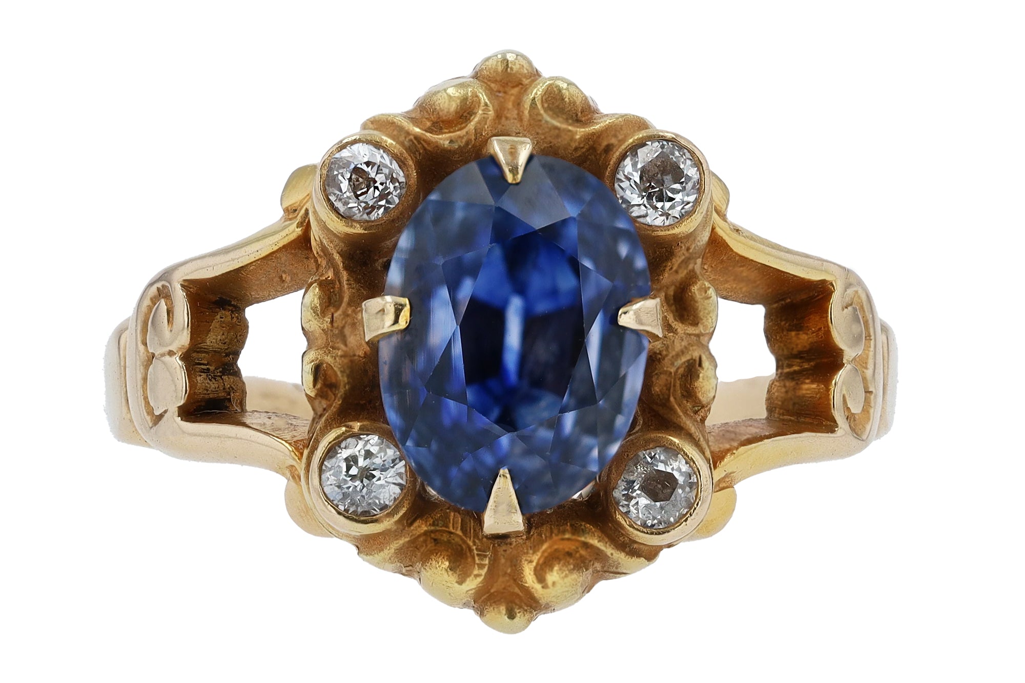 Vintage Victorian Oval Blue Sapphire Yellow Gold Filigree Engagement Ring