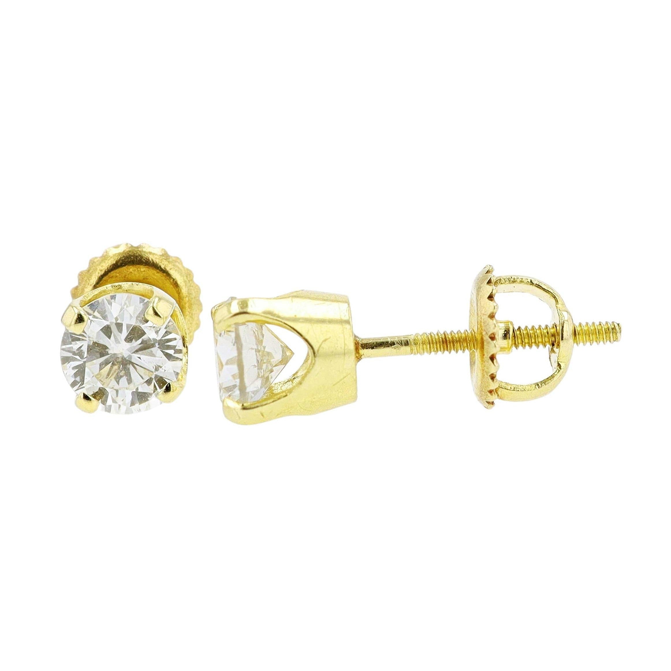 Vintage Yellow Gold 1 Carat Round Diamond Stud Earrings