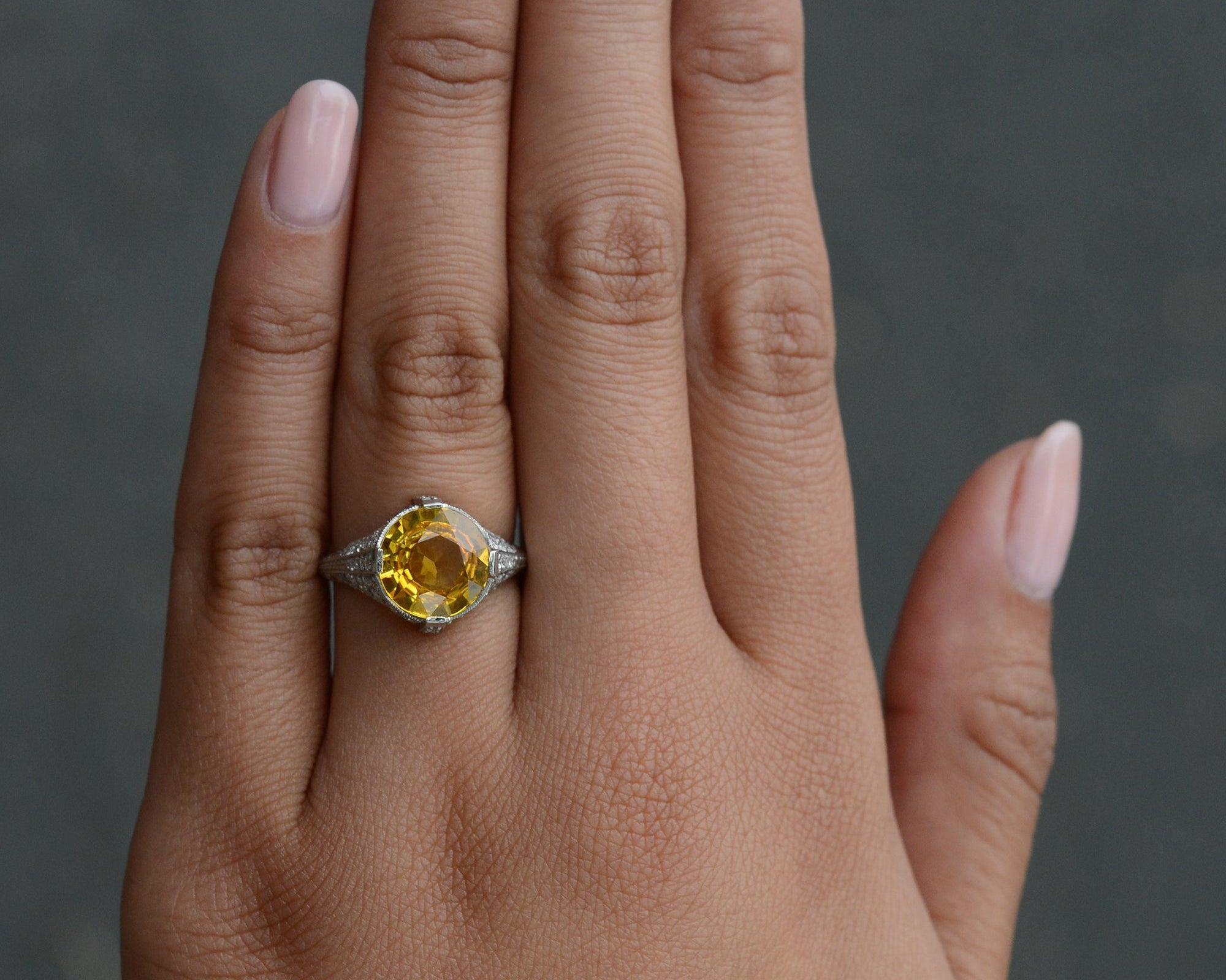 Vivid 4 Carat Yellow Sapphire Art Deco Ring