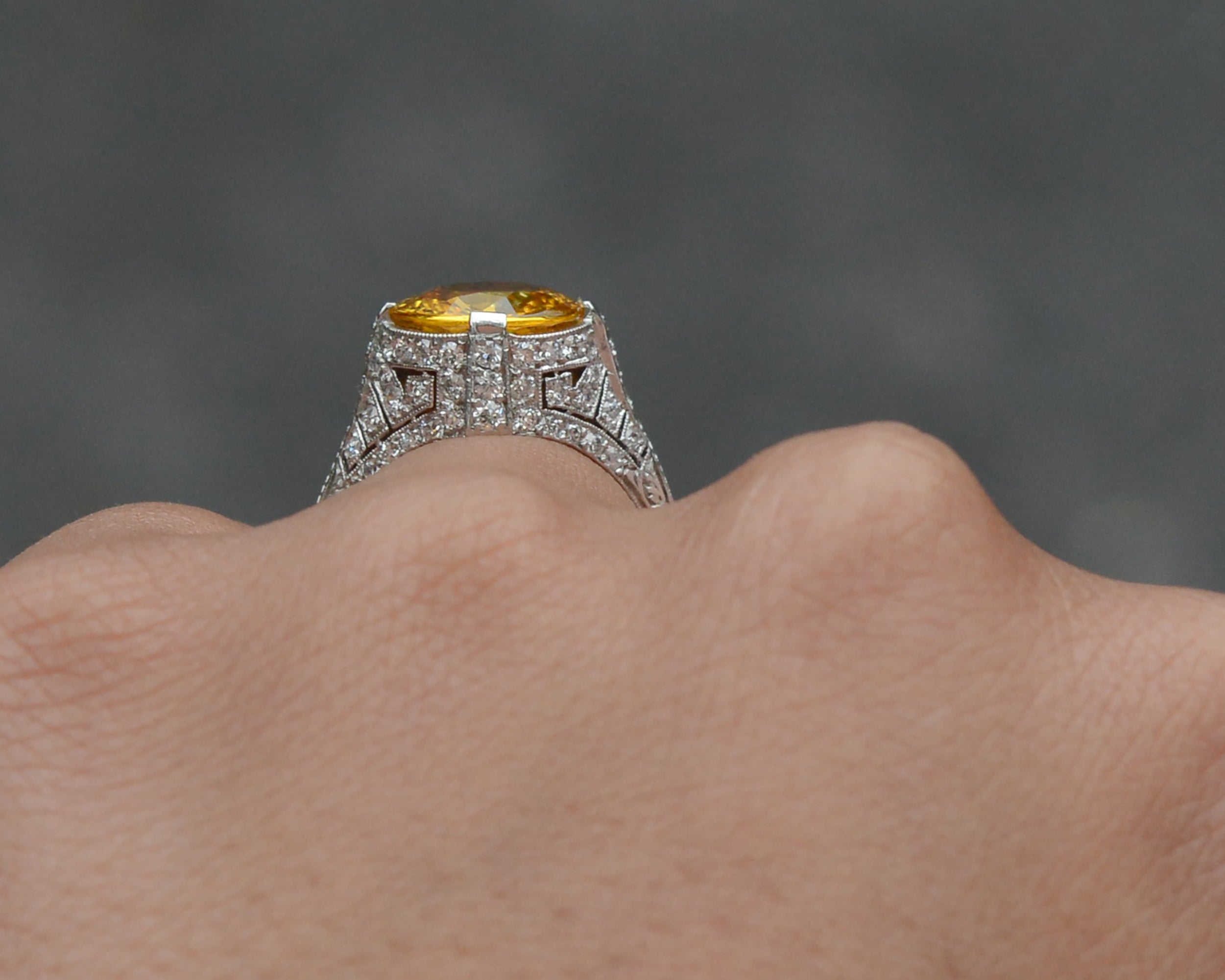 Vivid 4 Carat Yellow Sapphire Art Deco Ring