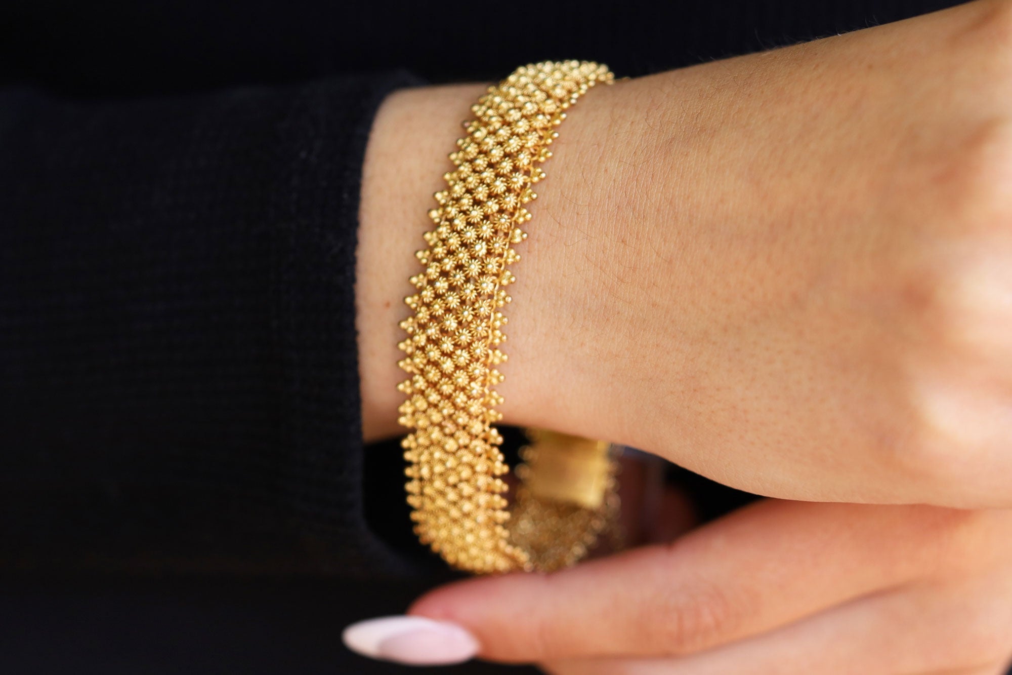 Wide Victorian Yellow Gold Cannetille Mesh Bracelet