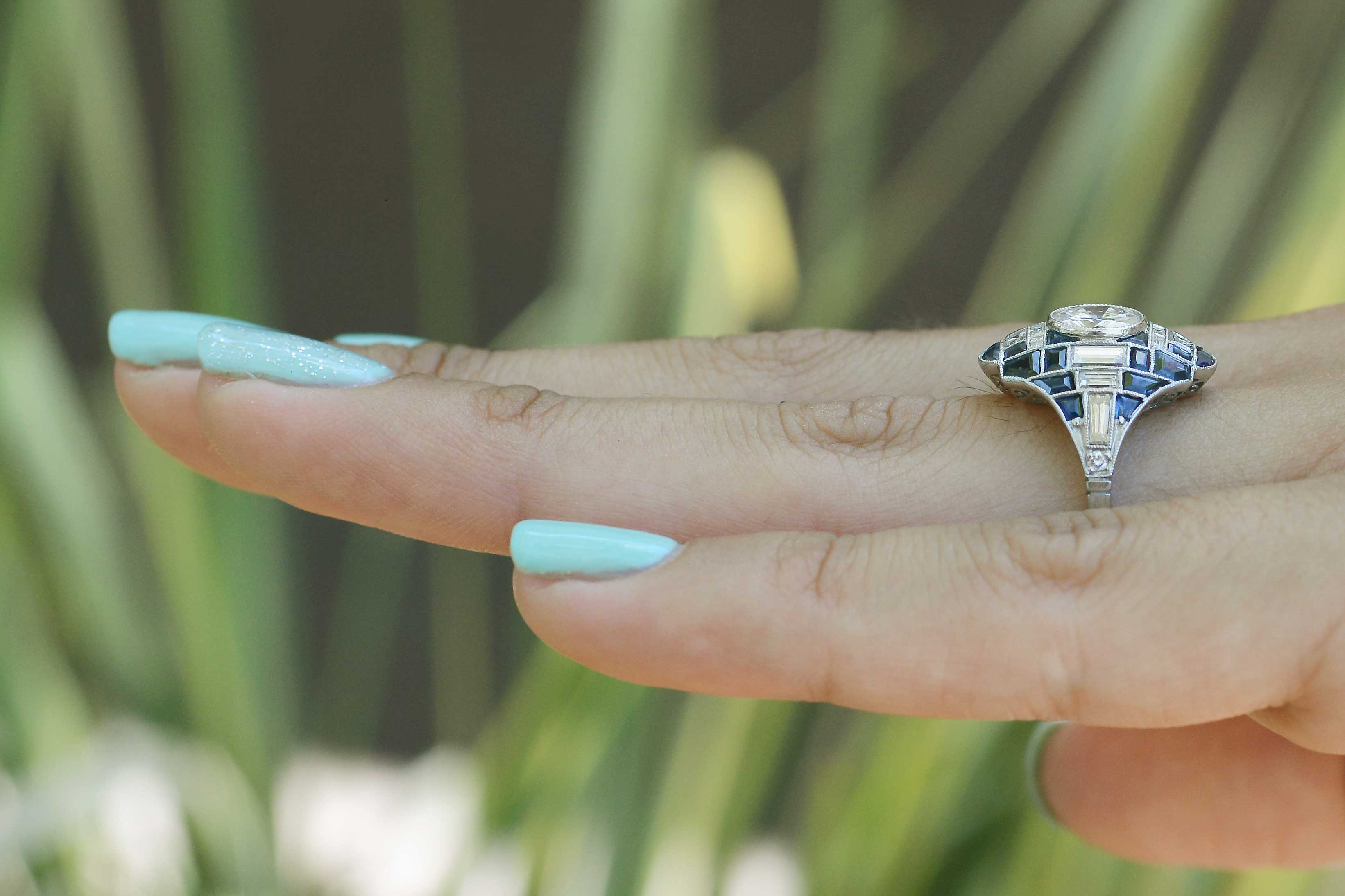 Art Deco Style Sapphire Diamond Dome Engagement Ring