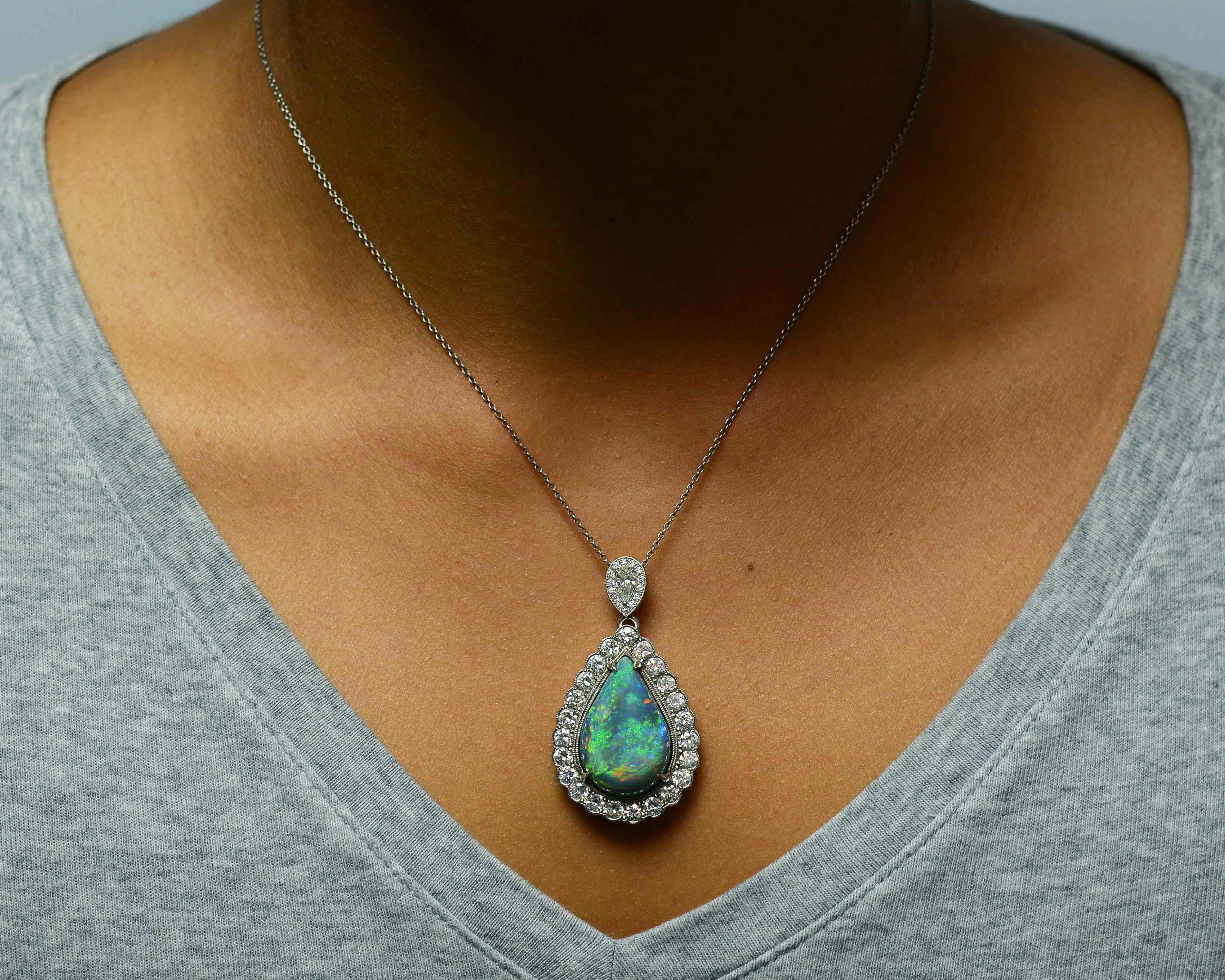 15 carats Australian black opal diamond pendant necklace.