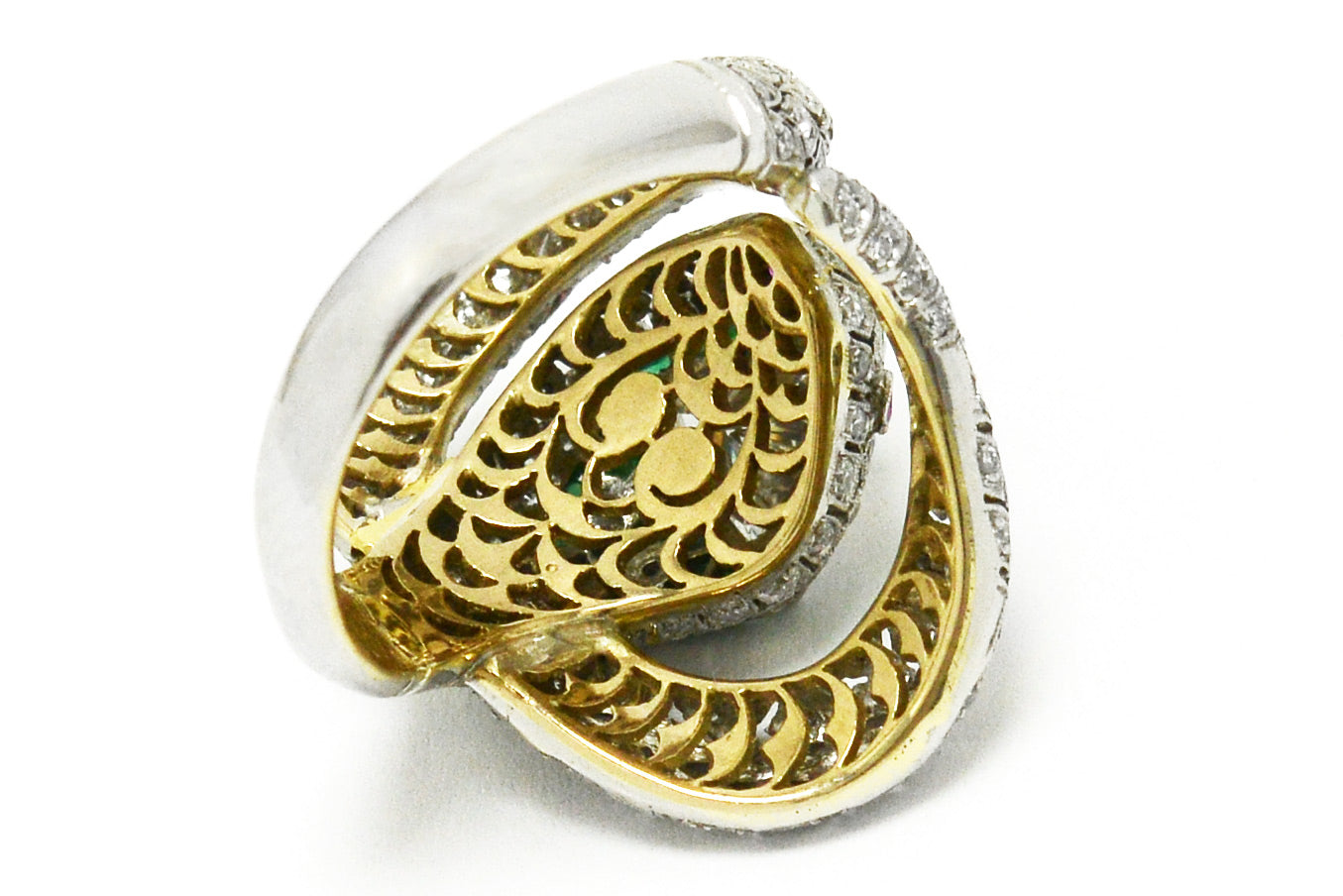Gold underneath the platinum Art Deco diamond snake ring.