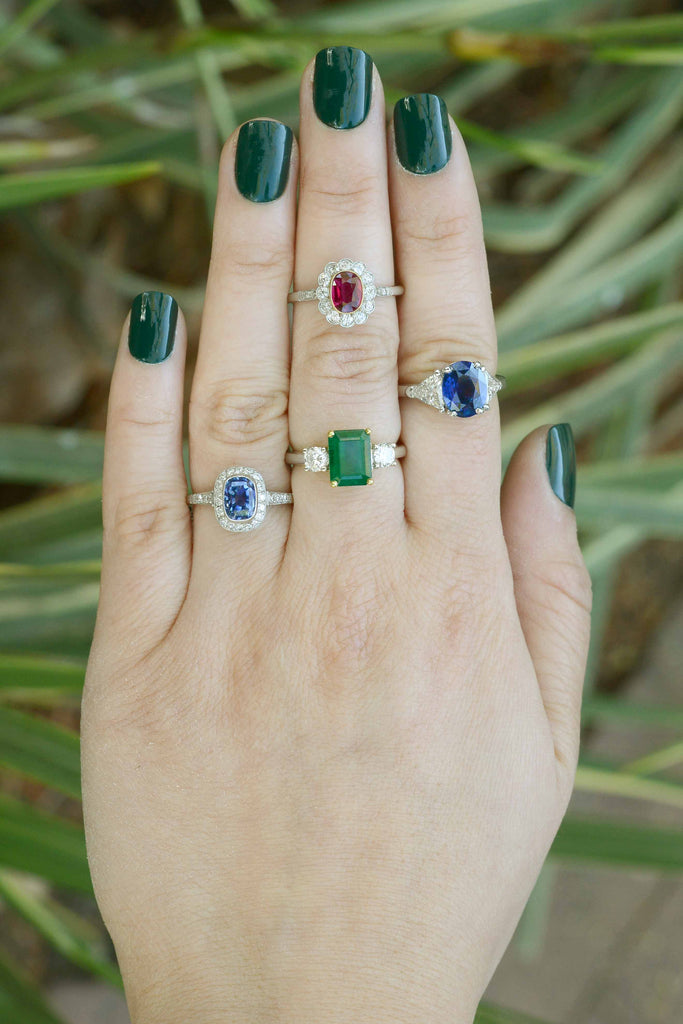 Some of the sapphire, ruby & emerald wedding rings we have in-store.