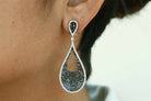 Black and white diamonds sparkling in a 2 inch teardrop earring design.