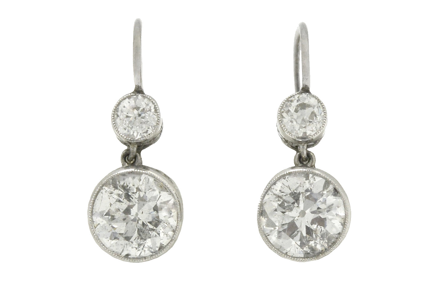 A glimmering pair of Art Deco style diamond drop earrings boasting 4.30 carats of dazzling beauty.