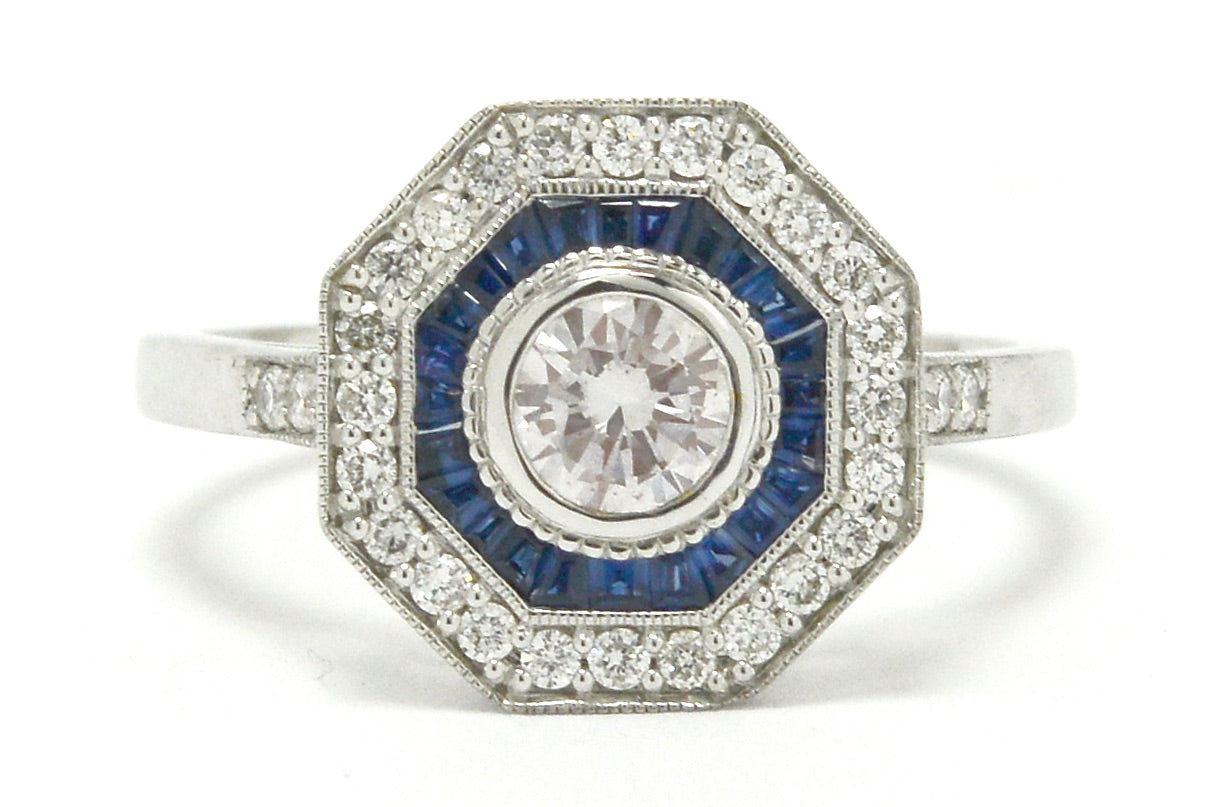 Octagon Art Deco style octagon diamond sapphires rings.