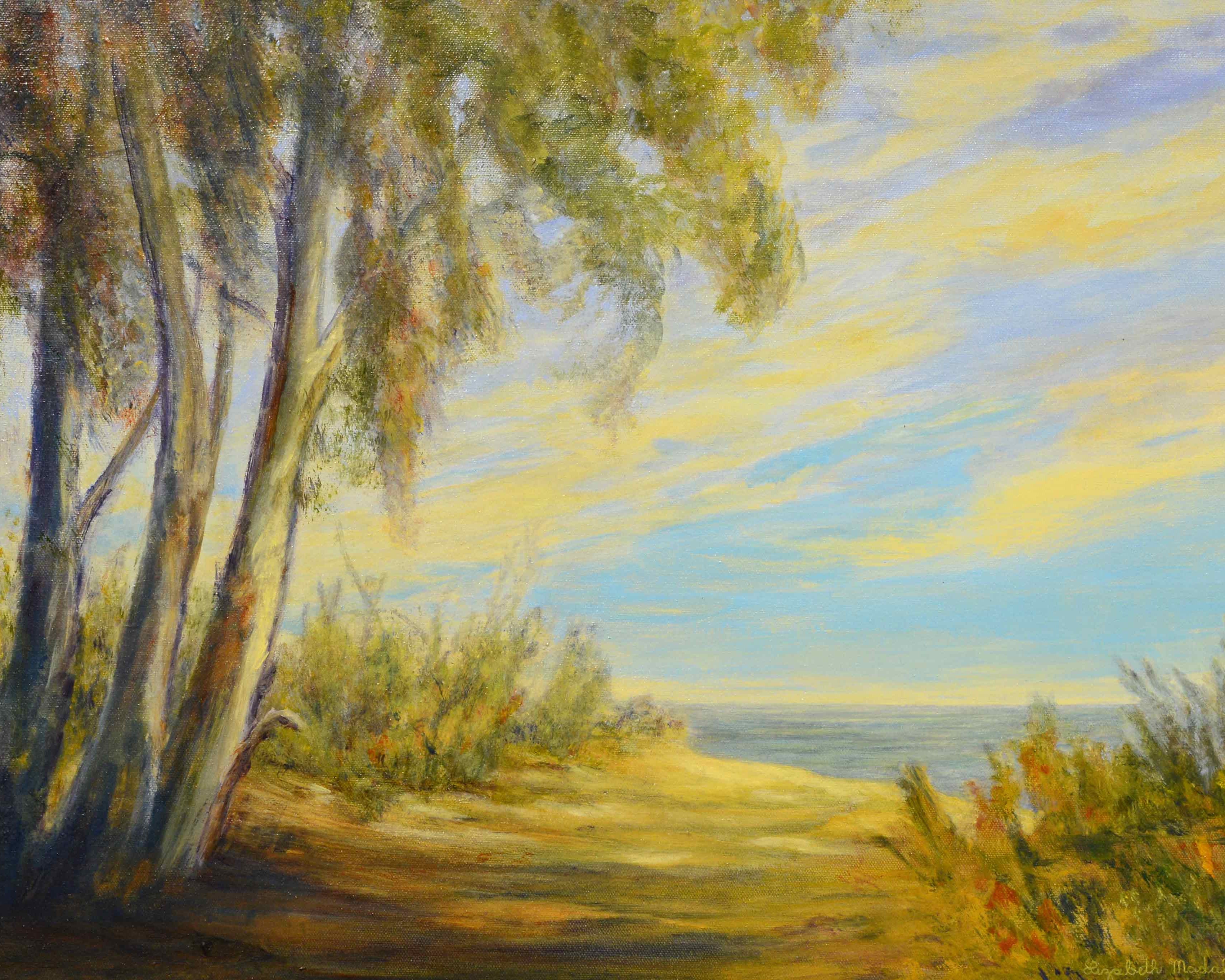 A painting of eucalyptus trees beside the ocean.