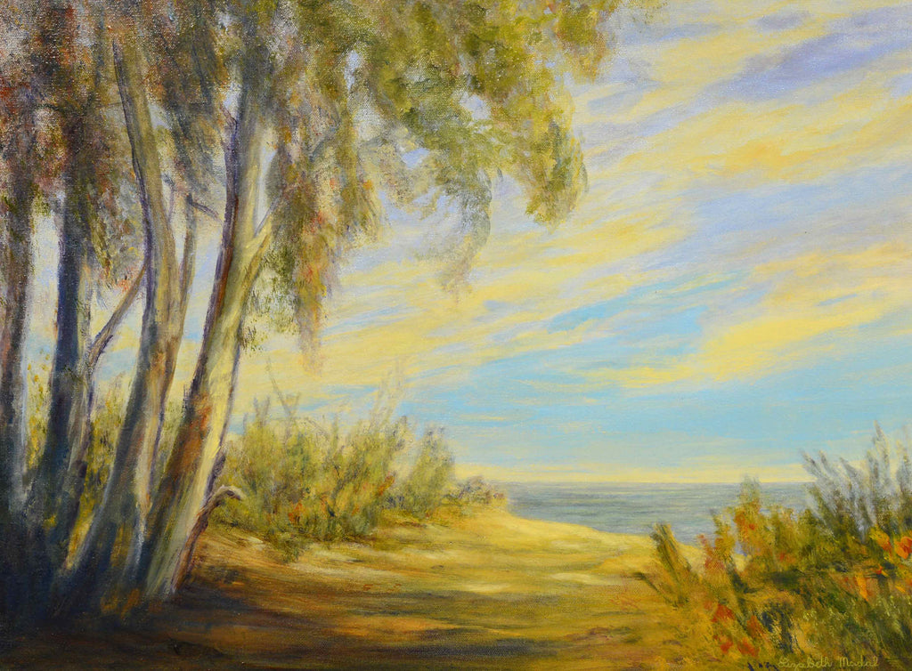 A painting of eucalyptus trees beside the ocean.