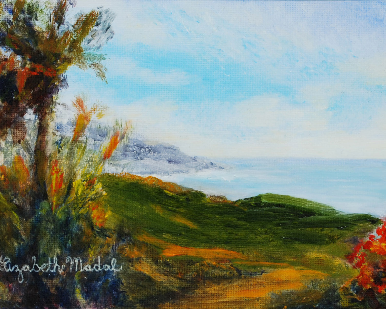 An oil painting of palms on the California coast.
