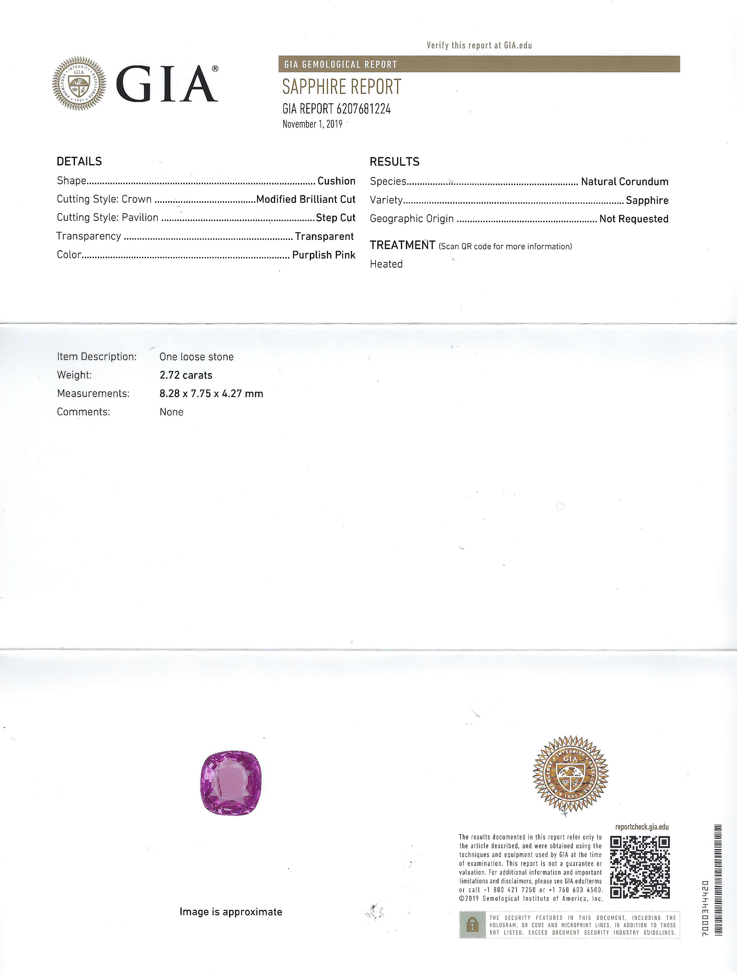 This cushion cut pink sapphire includes a GIA report.