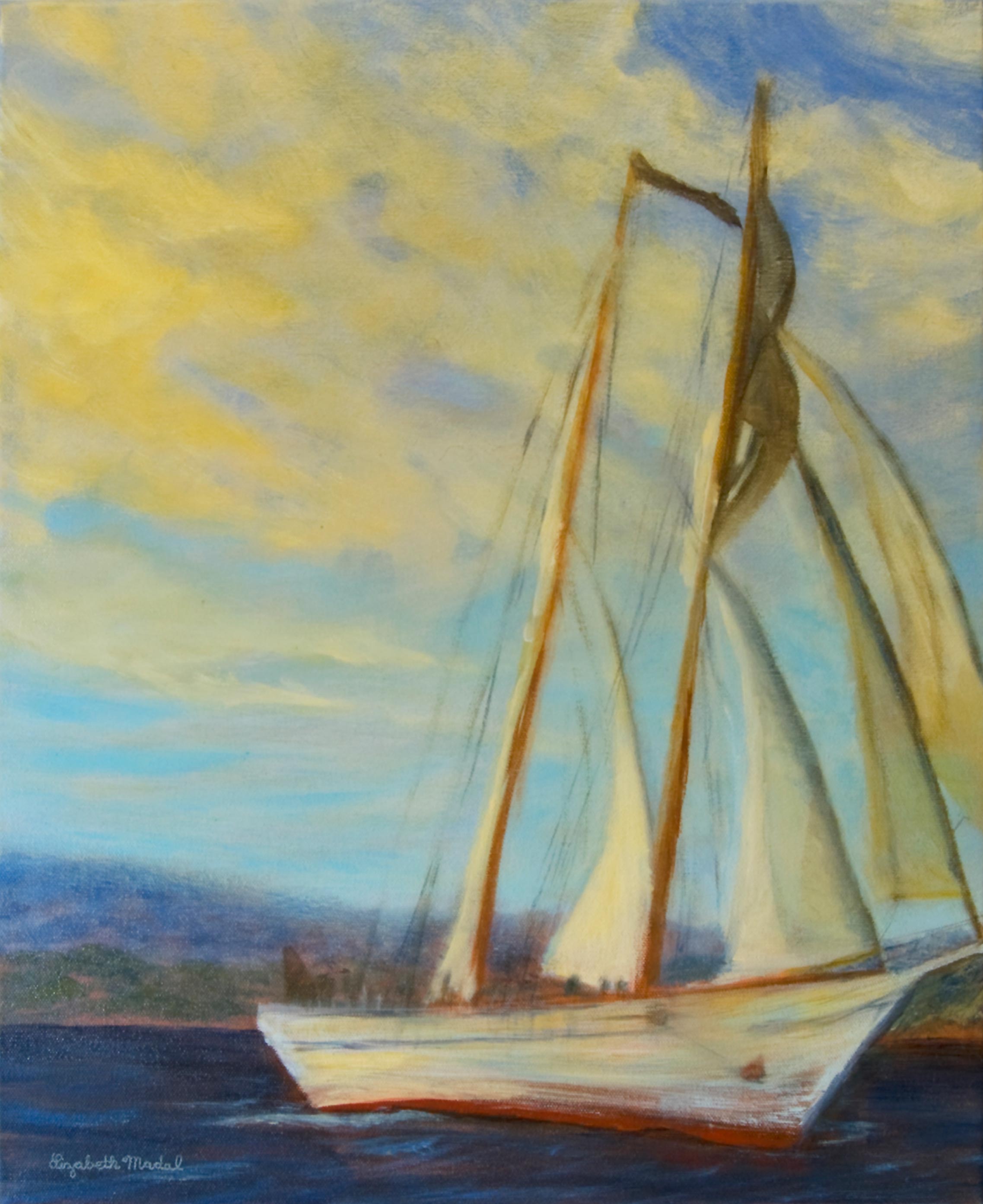 An oil painting of a red and white sailboat on the Pacific Ocean.