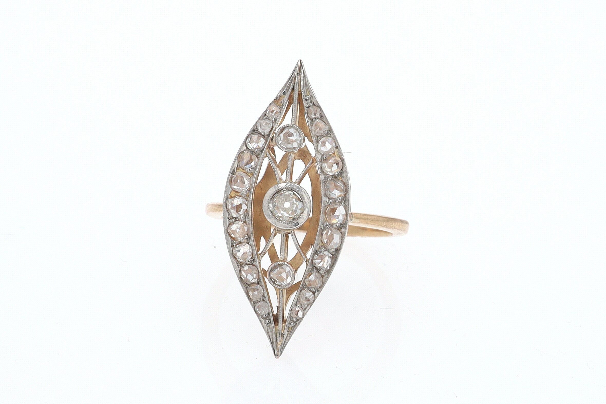 Elongated Edwardian Filigree Diamond Navette Ring