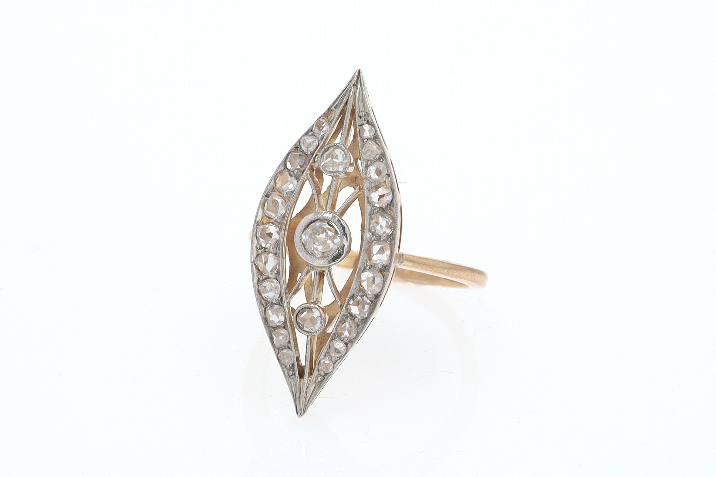 Elongated Edwardian Filigree Diamond Navette Ring