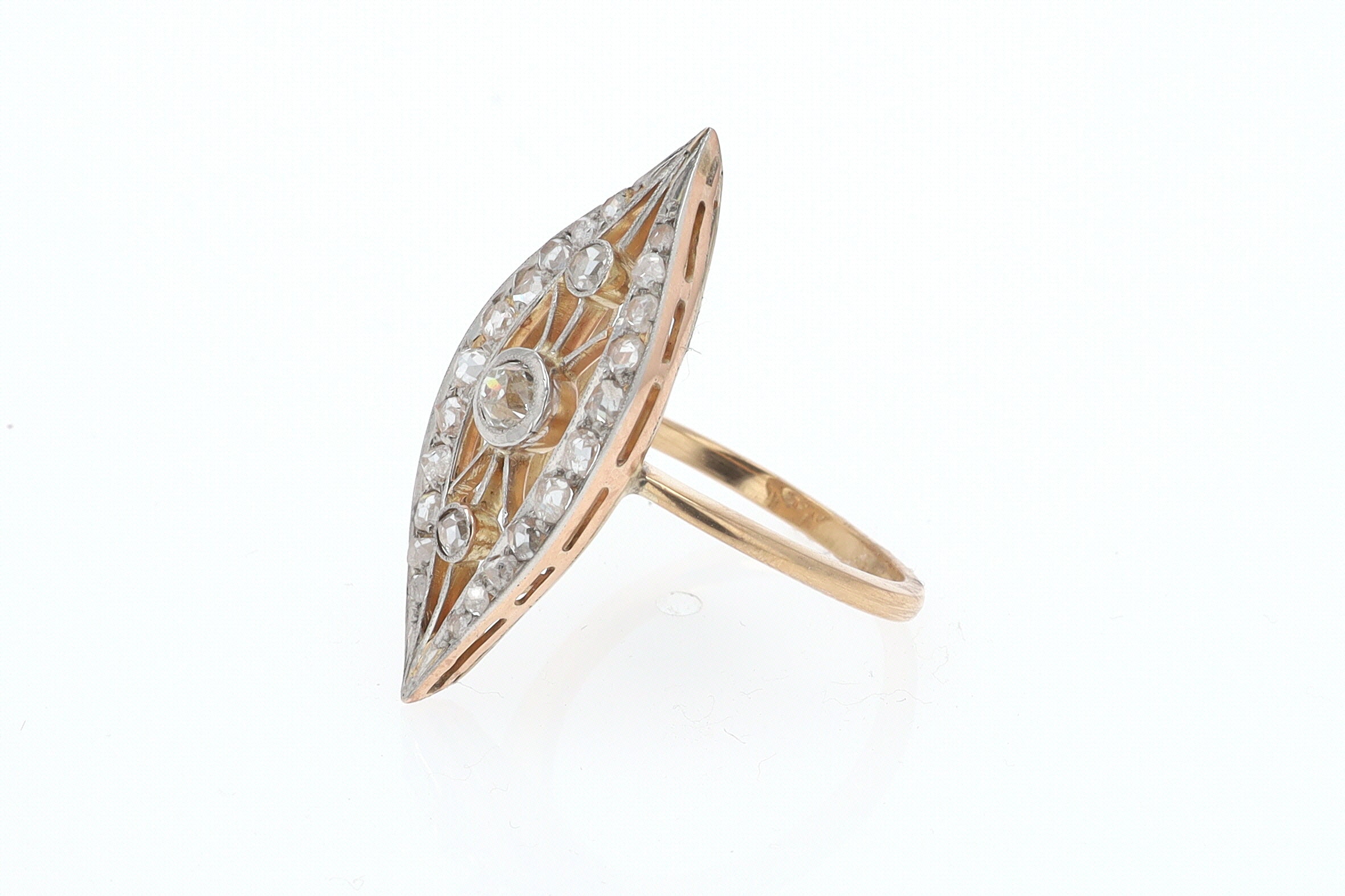 Elongated Edwardian Filigree Diamond Navette Ring