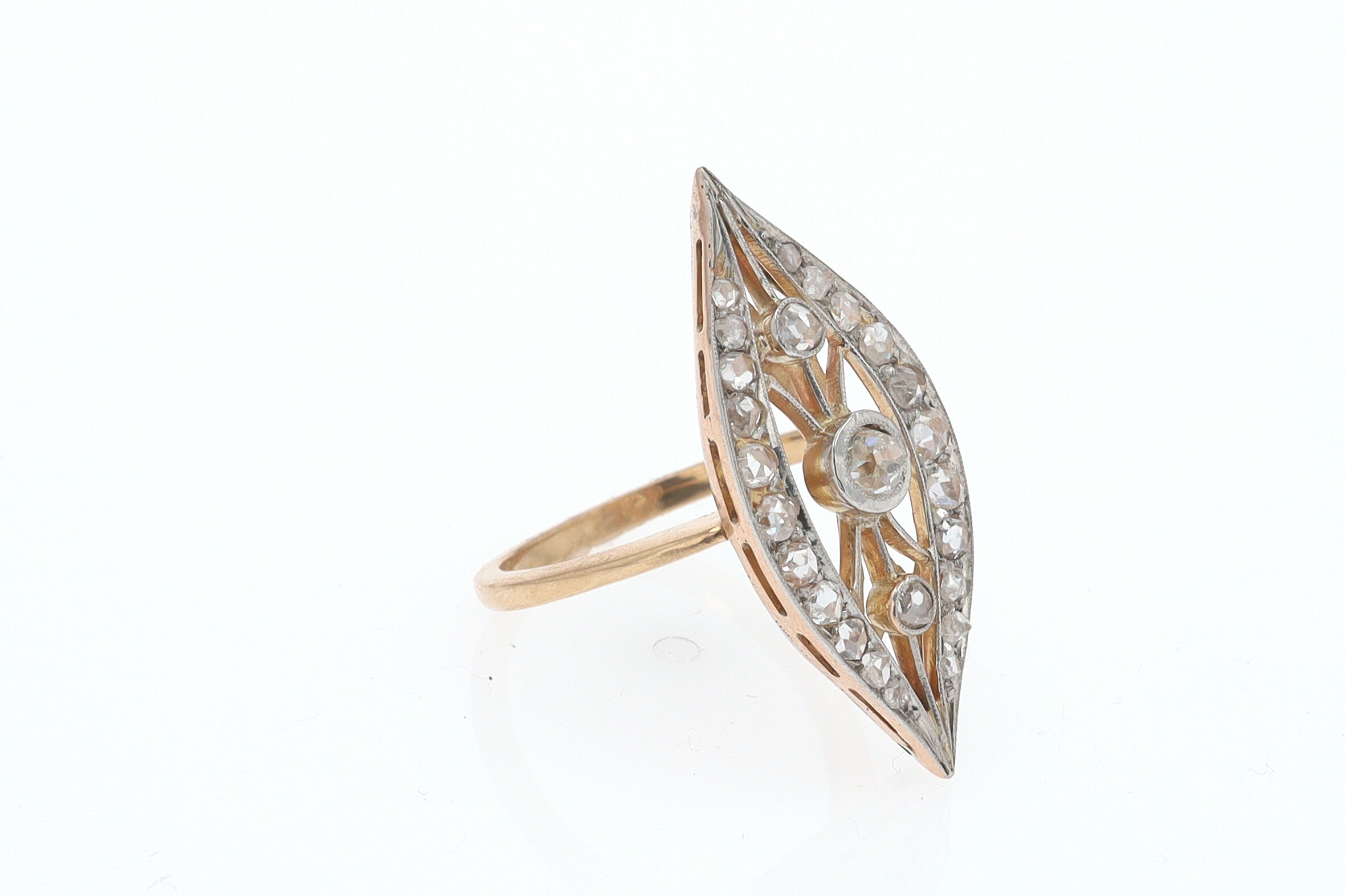 Elongated Edwardian Filigree Diamond Navette Ring