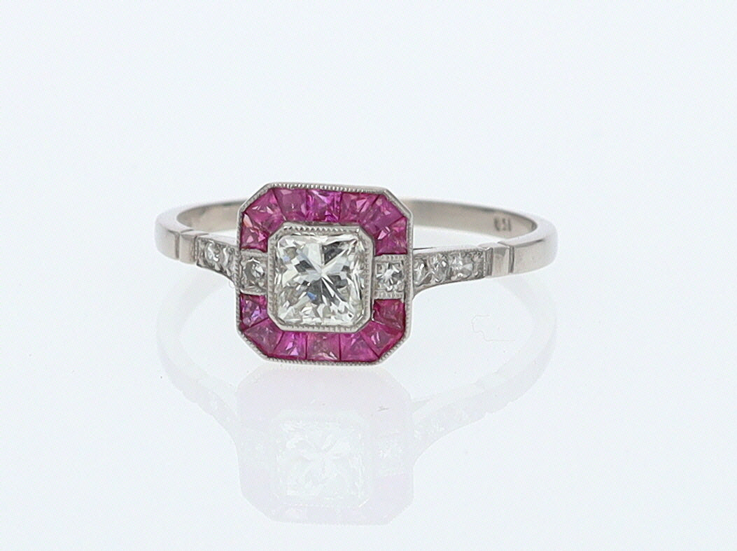 Geometric Art Deco Style Square Diamond Ruby Engagement Ring