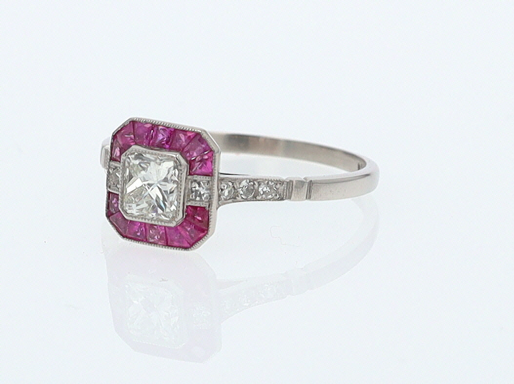 Geometric Art Deco Style Square Diamond Ruby Engagement Ring