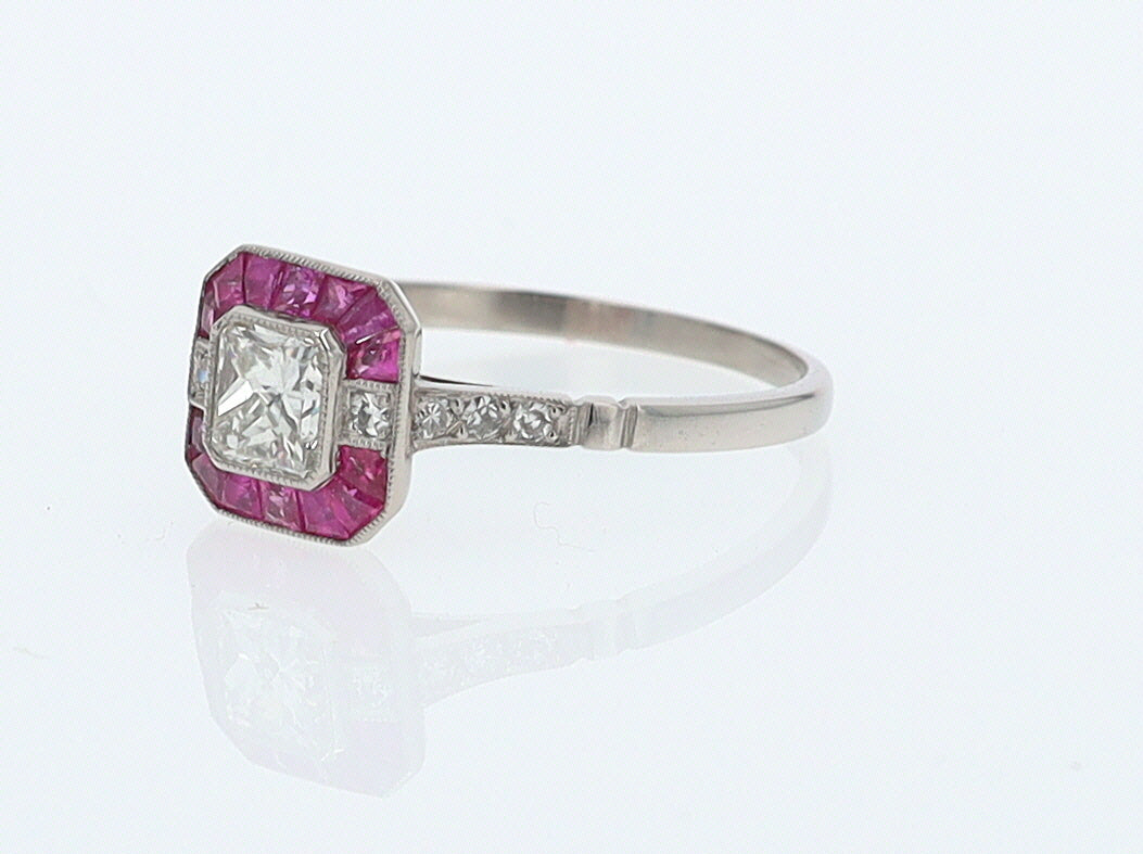 Geometric Art Deco Style Square Diamond Ruby Engagement Ring