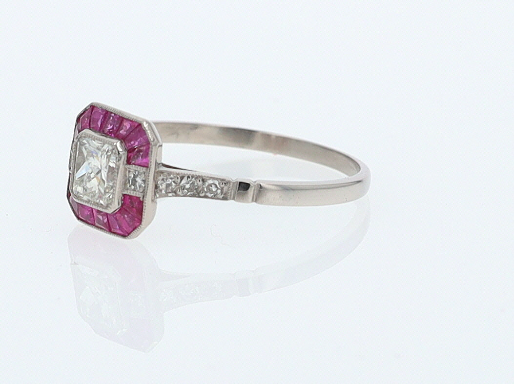 Geometric Art Deco Style Square Diamond Ruby Engagement Ring