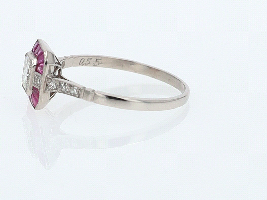 Geometric Art Deco Style Square Diamond Ruby Engagement Ring