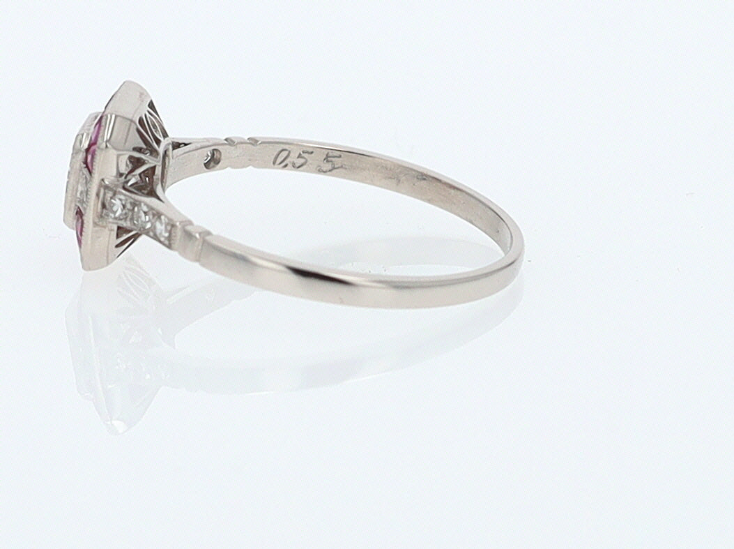 Geometric Art Deco Style Square Diamond Ruby Engagement Ring