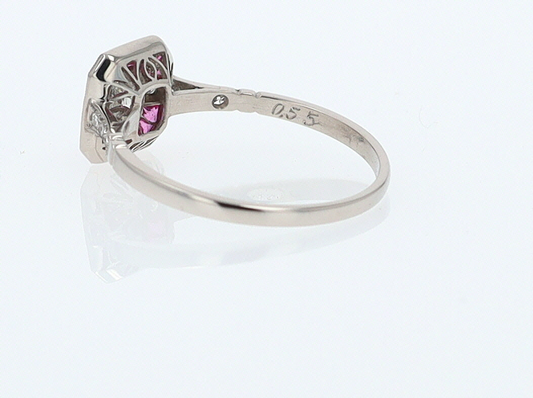 Geometric Art Deco Style Square Diamond Ruby Engagement Ring