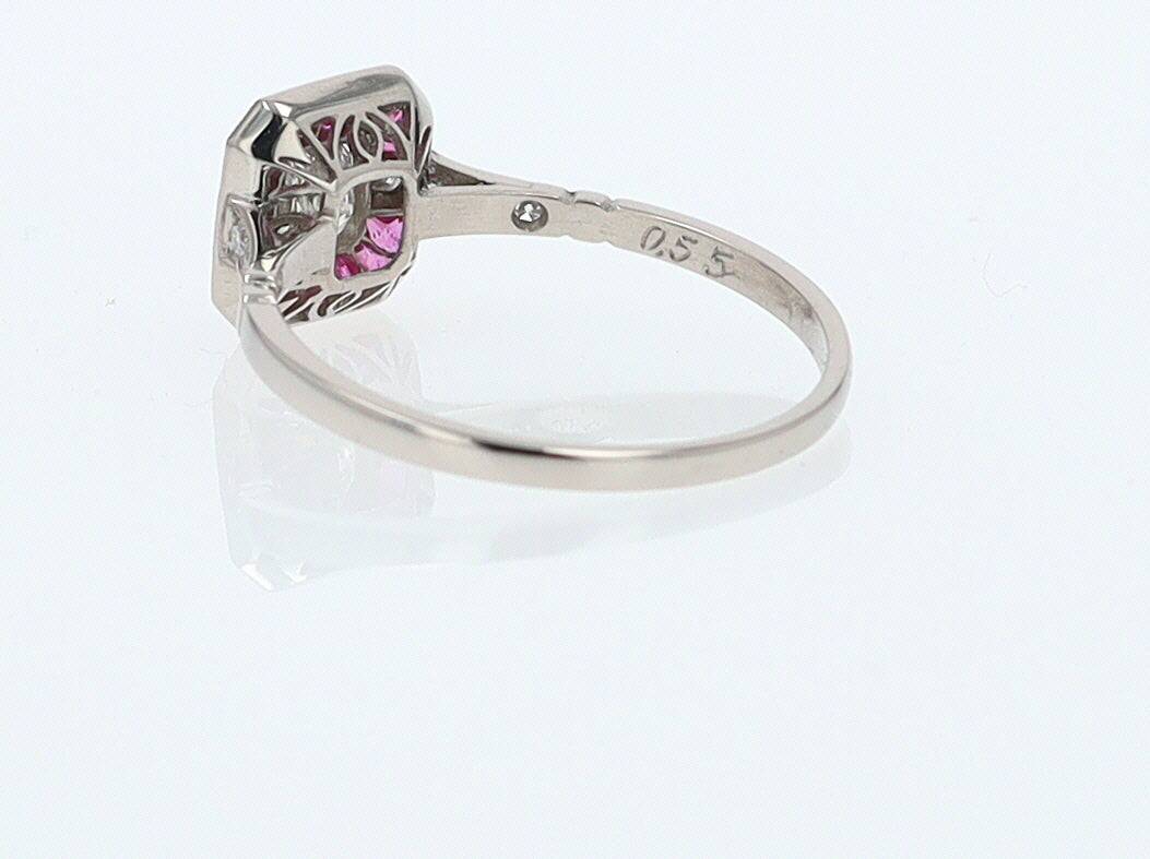 Geometric Art Deco Style Square Diamond Ruby Engagement Ring