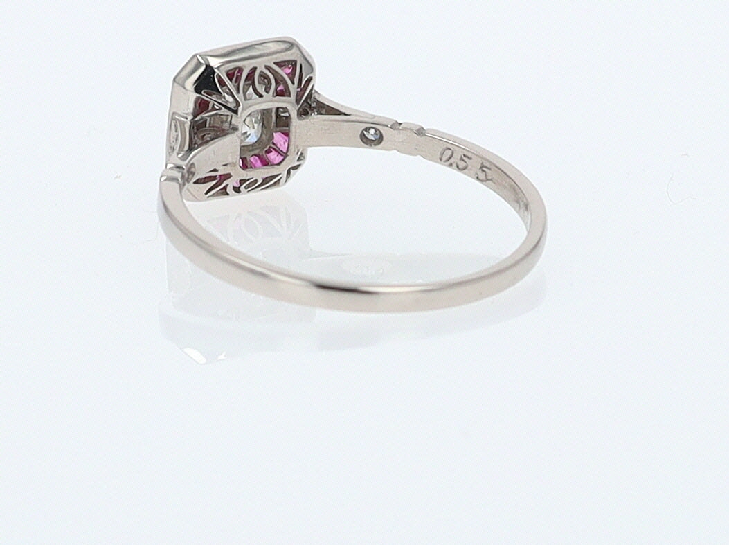 Geometric Art Deco Style Square Diamond Ruby Engagement Ring