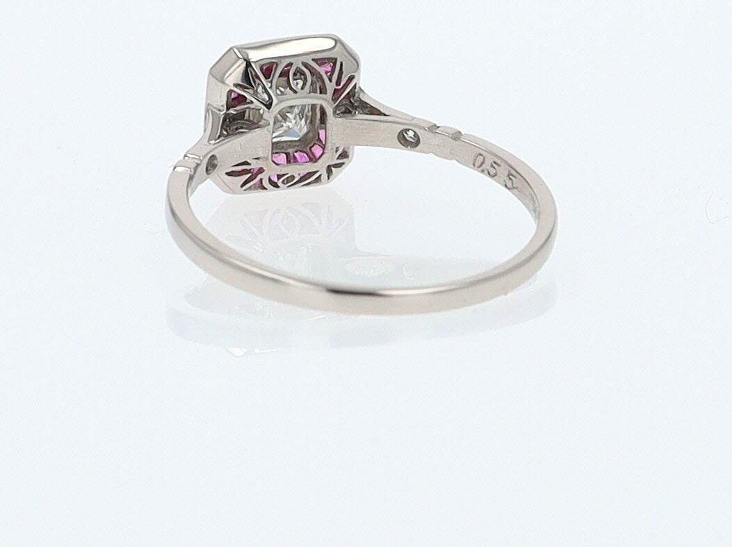Geometric Art Deco Style Square Diamond Ruby Engagement Ring