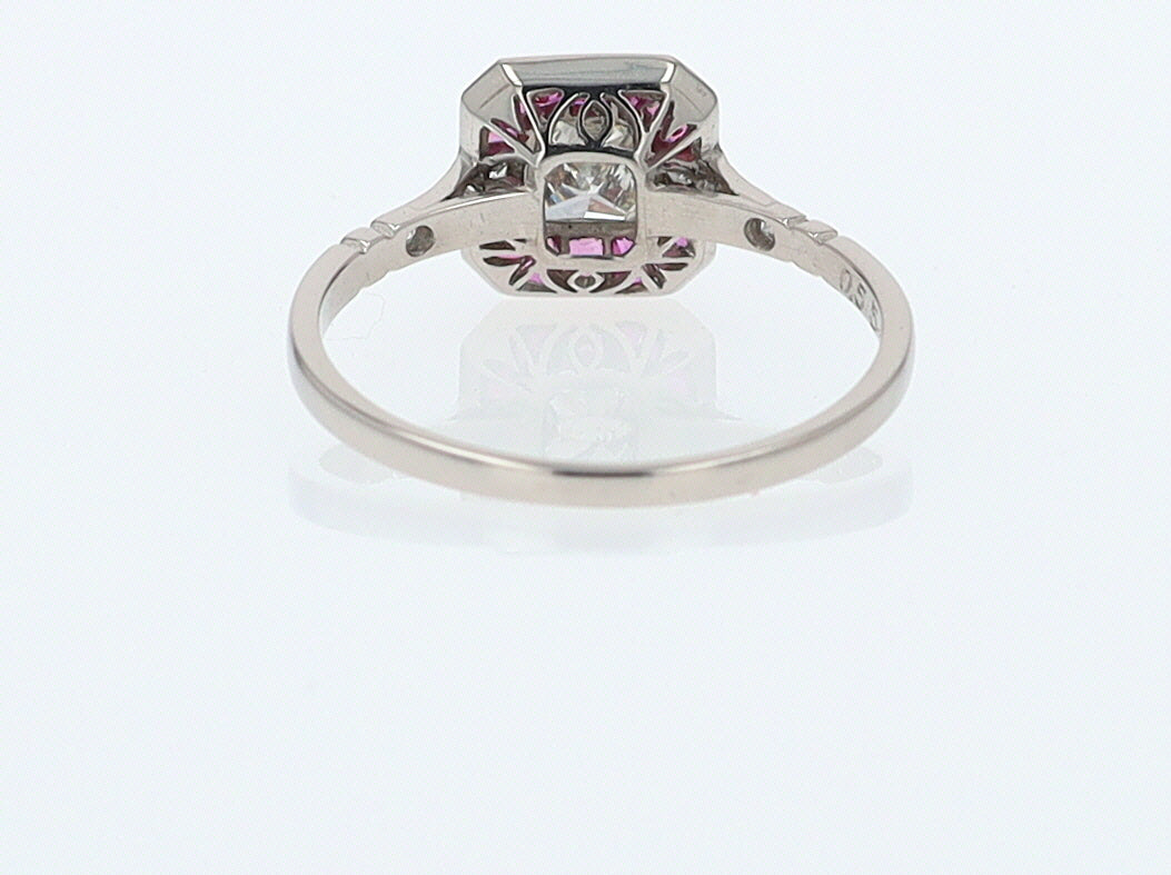 Geometric Art Deco Style Square Diamond Ruby Engagement Ring