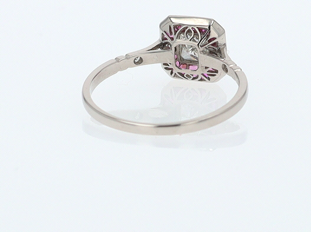 Geometric Art Deco Style Square Diamond Ruby Engagement Ring