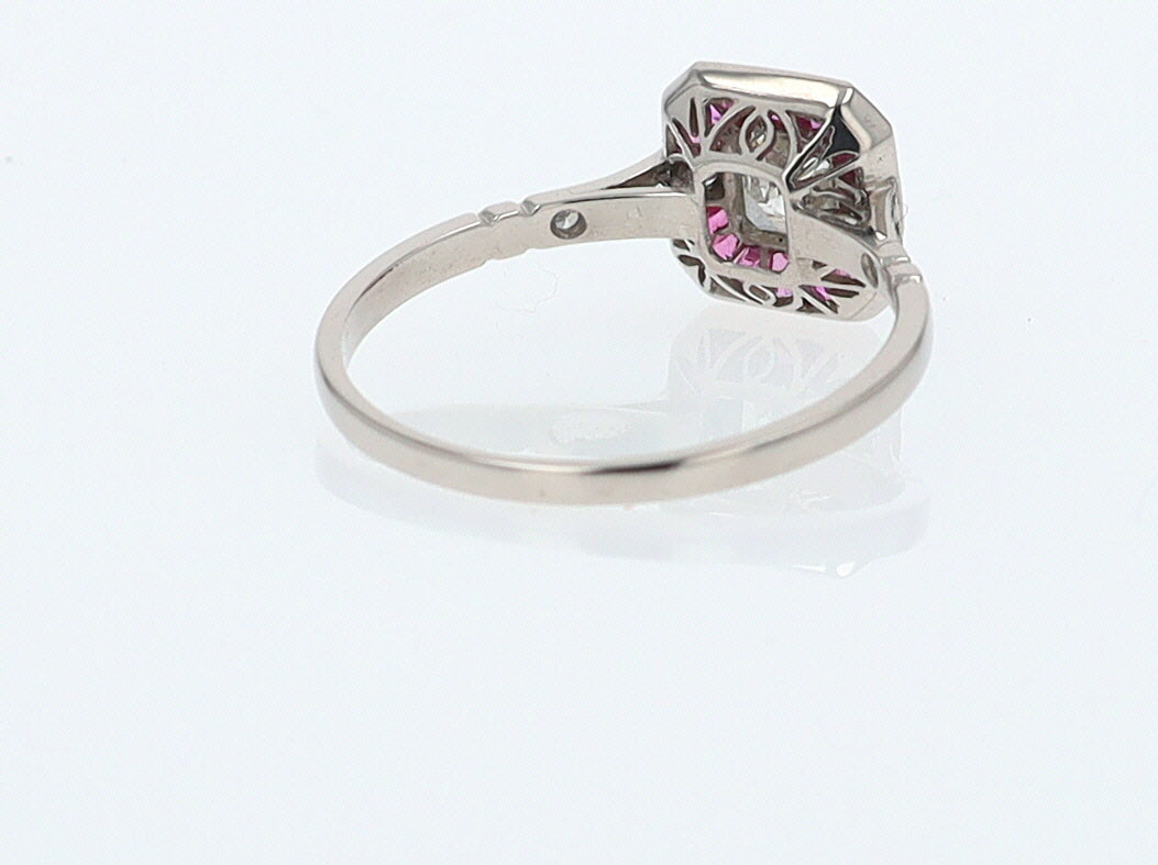 Geometric Art Deco Style Square Diamond Ruby Engagement Ring