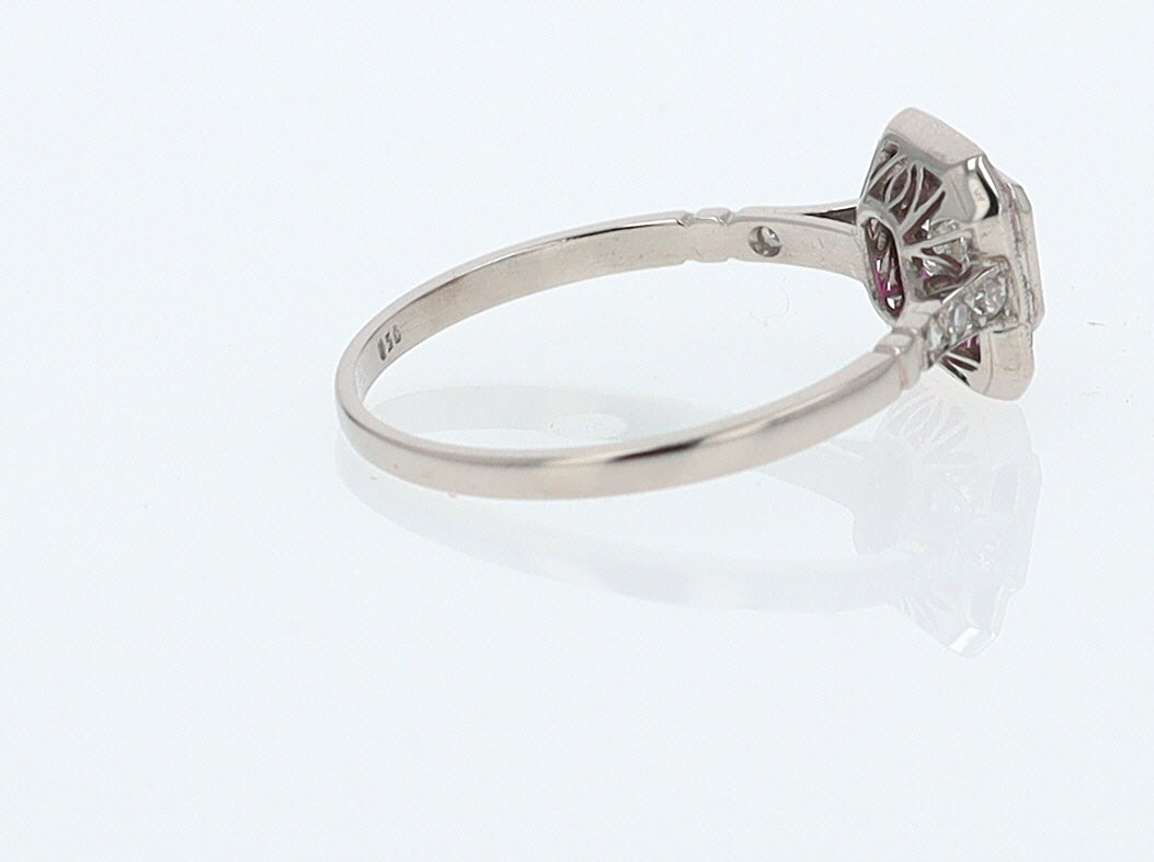Geometric Art Deco Style Square Diamond Ruby Engagement Ring
