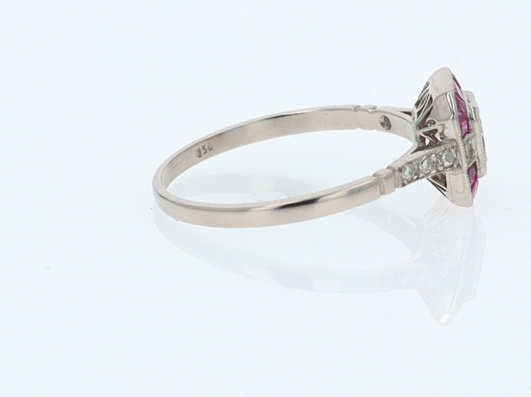 Geometric Art Deco Style Square Diamond Ruby Engagement Ring