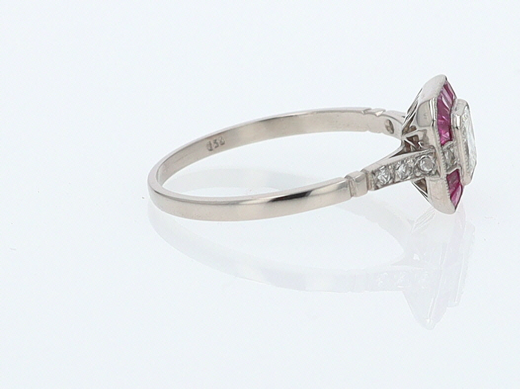 Geometric Art Deco Style Square Diamond Ruby Engagement Ring