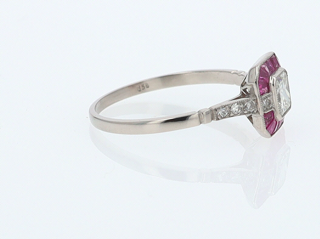 Geometric Art Deco Style Square Diamond Ruby Engagement Ring