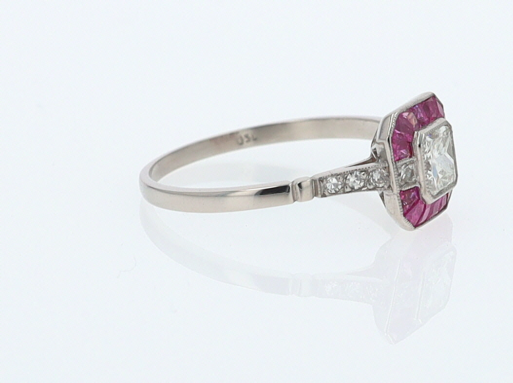 Geometric Art Deco Style Square Diamond Ruby Engagement Ring