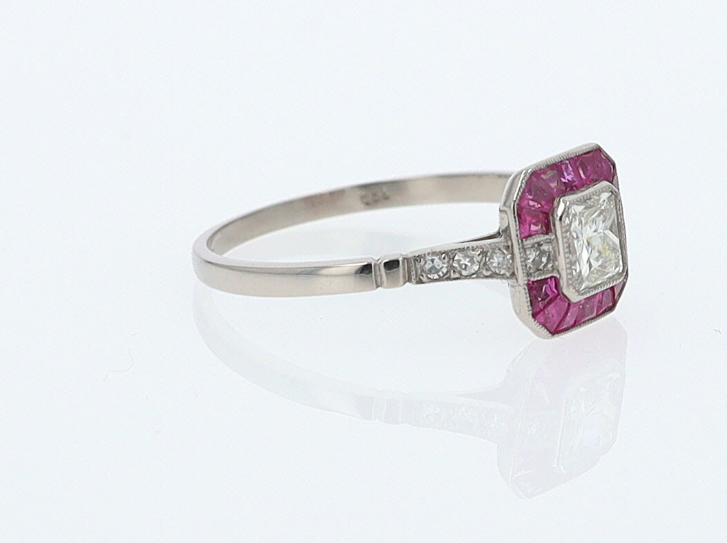 Geometric Art Deco Style Square Diamond Ruby Engagement Ring