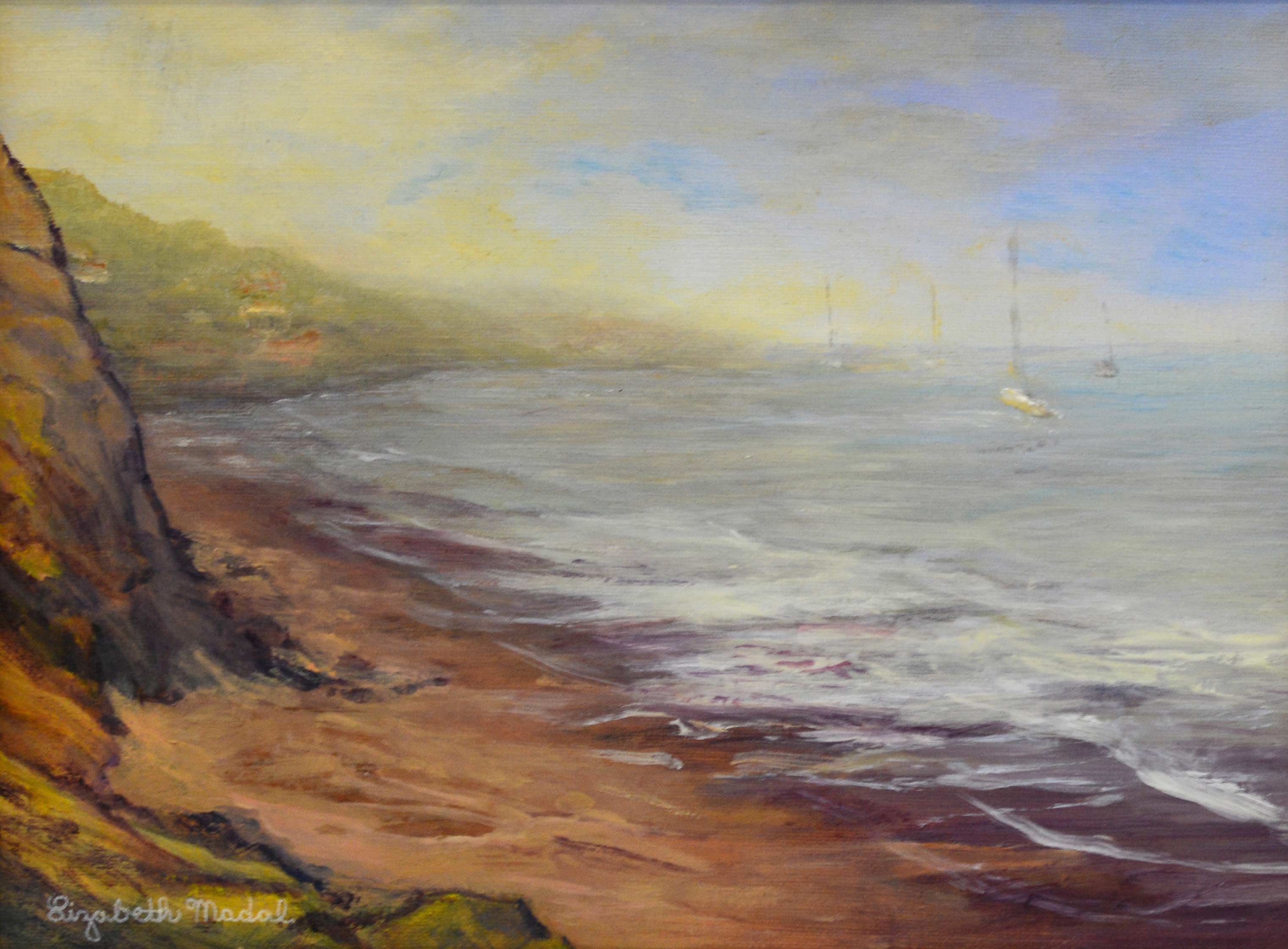 An oil painting of sandy shoreline with sailboats.
