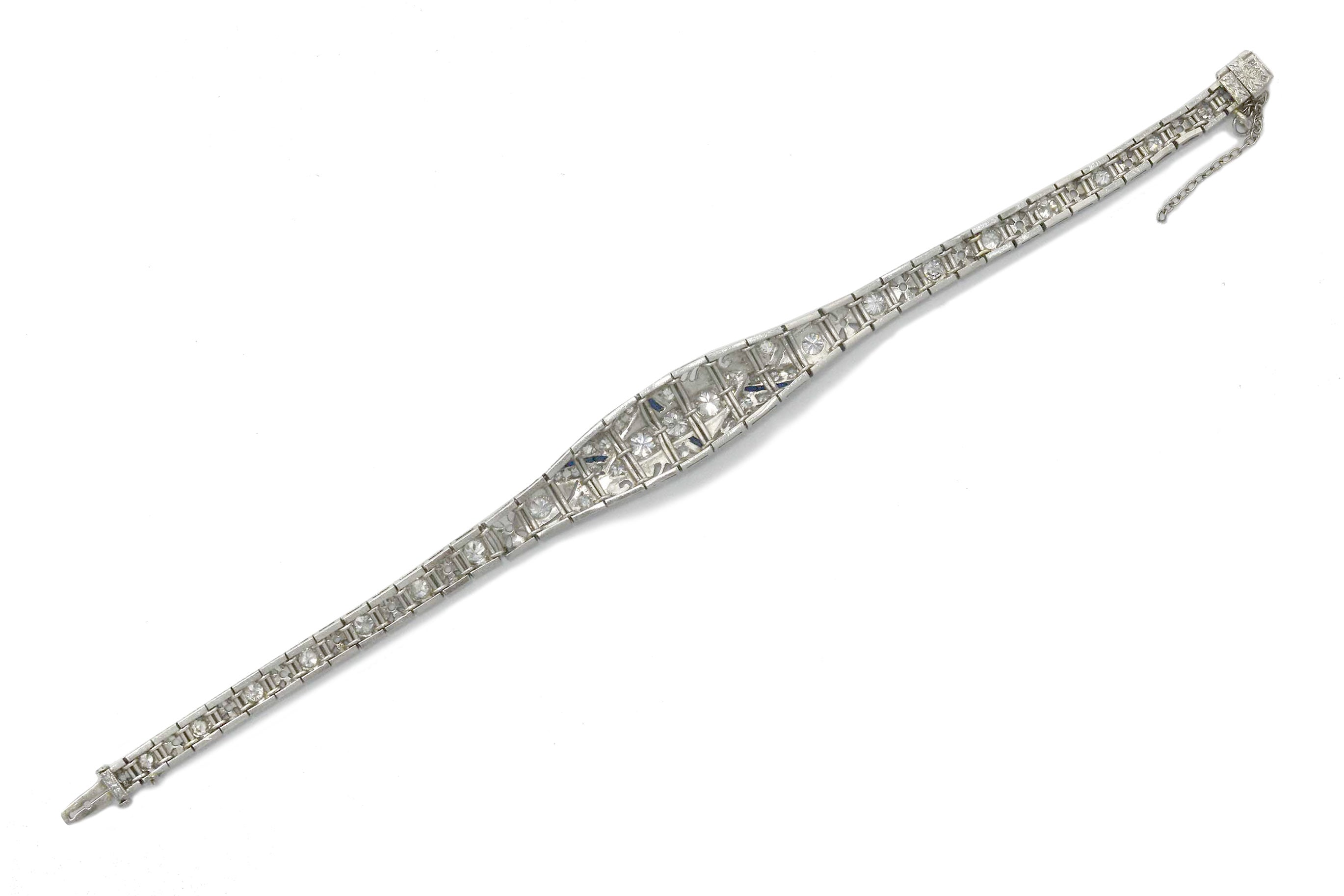 European Cut Diamond & Blue Synthetic Sapphire Platinum Bracelet