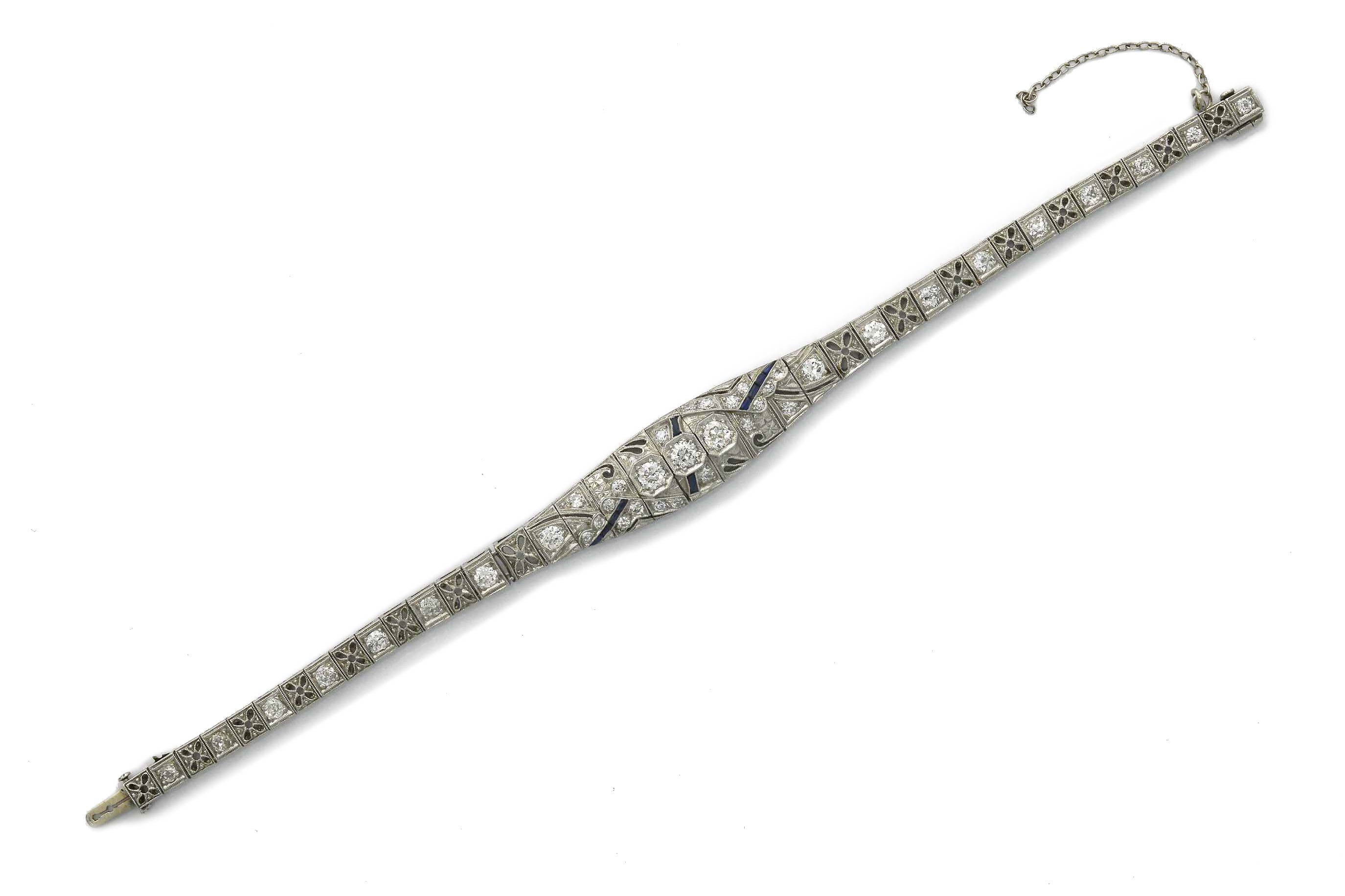European Cut Diamond & Blue Synthetic Sapphire Platinum Bracelet