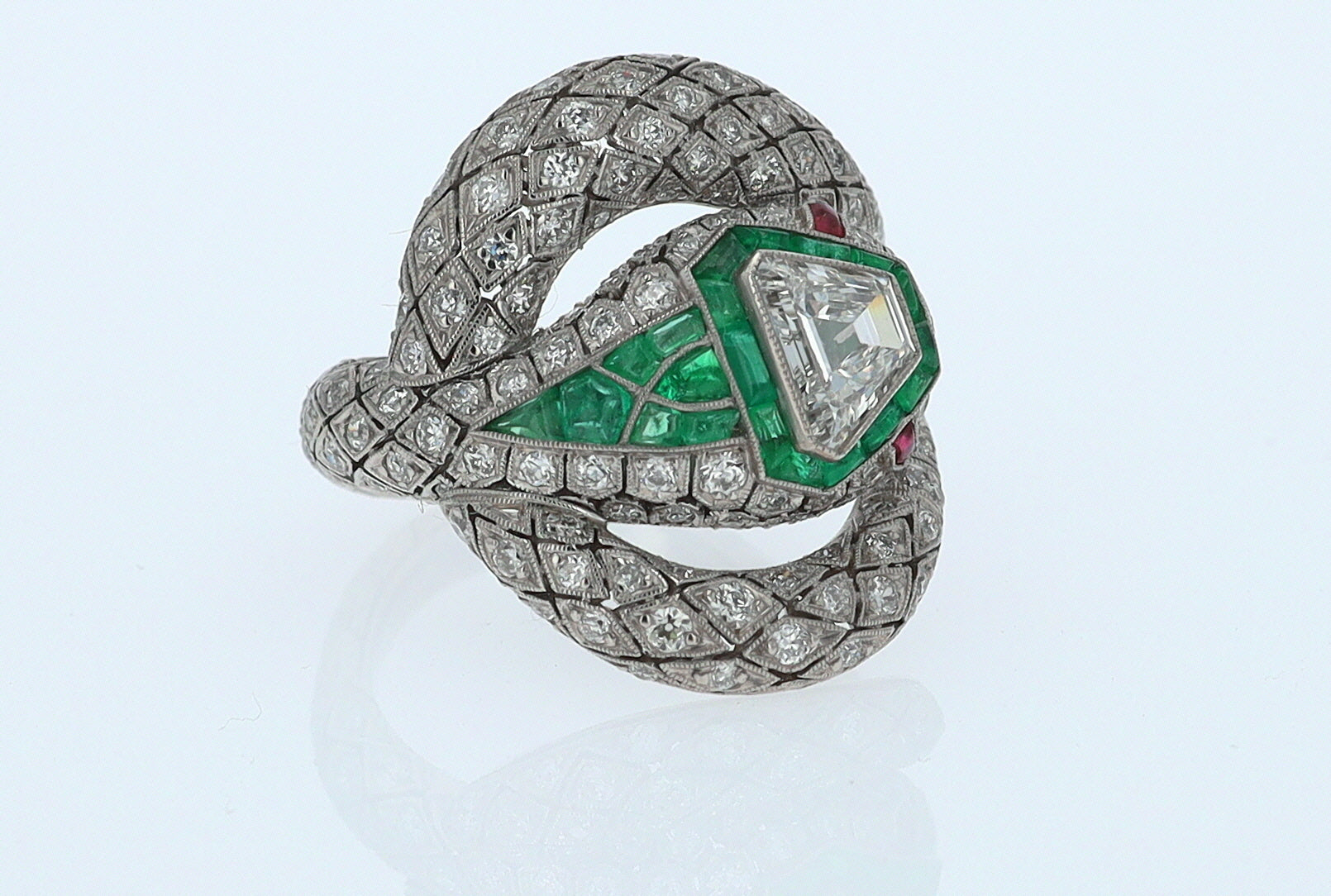 Art Deco 3 Carat Trillion Cut Diamond & Emerald Platinum Snake Ring