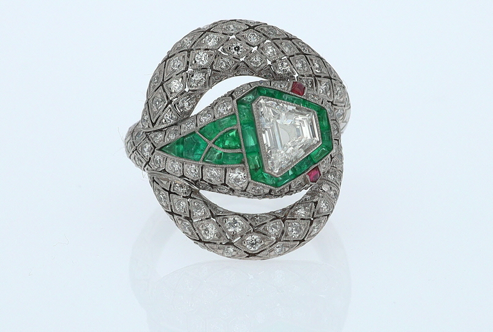 Art Deco 3 Carat Trillion Cut Diamond & Emerald Platinum Snake Ring